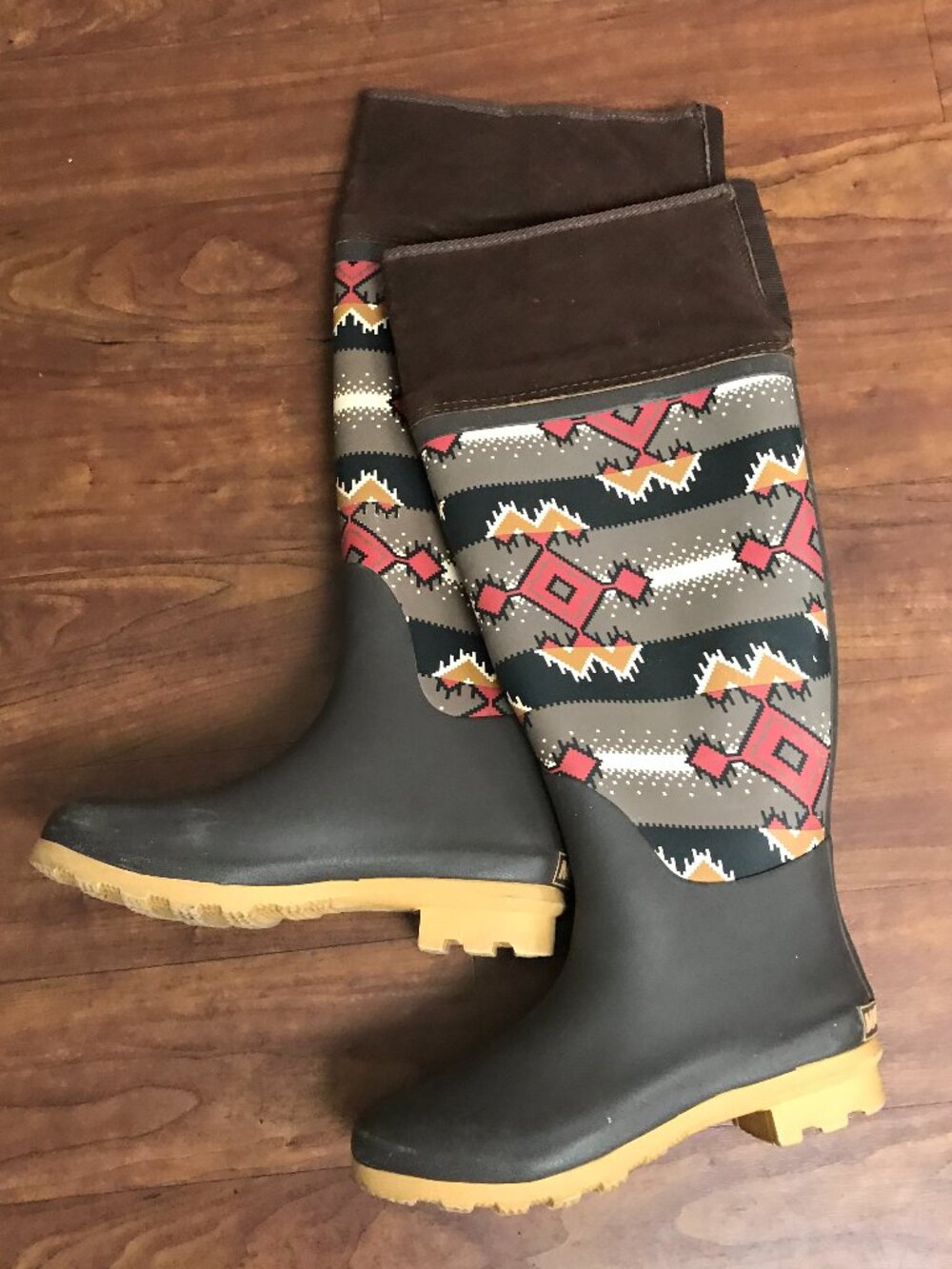 MUKLUKS Rainey Southwest Brown Rubber Aztec 17" Tall Snow Rain Boots Womens Sz 6